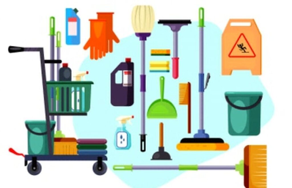 Housekeeping trolley with professional cleaning products