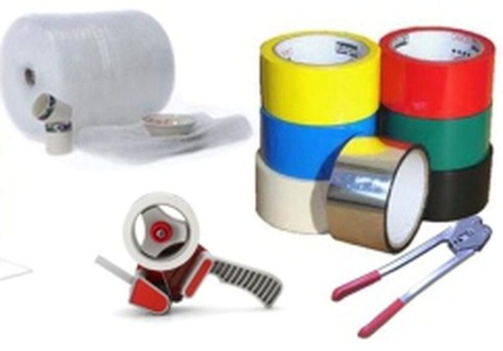 Industrial packaging tapes, dispensers and wrapping materials