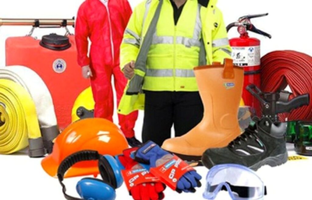 Industrial safety gear: high-visibility jackets, helmets, boots and fire equipment