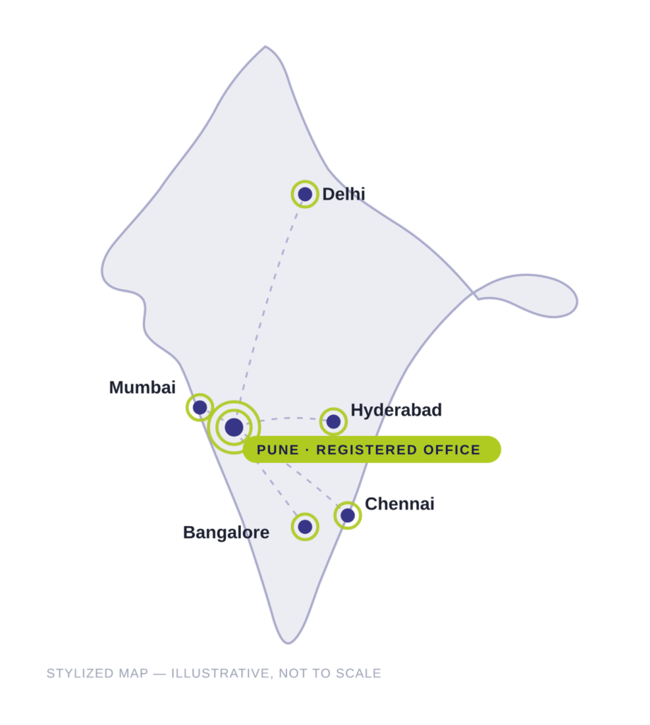 Map of India marking SILOEYA locations: Pune (registered office), Mumbai, Bangalore, Hyderabad, Chennai and Delhi